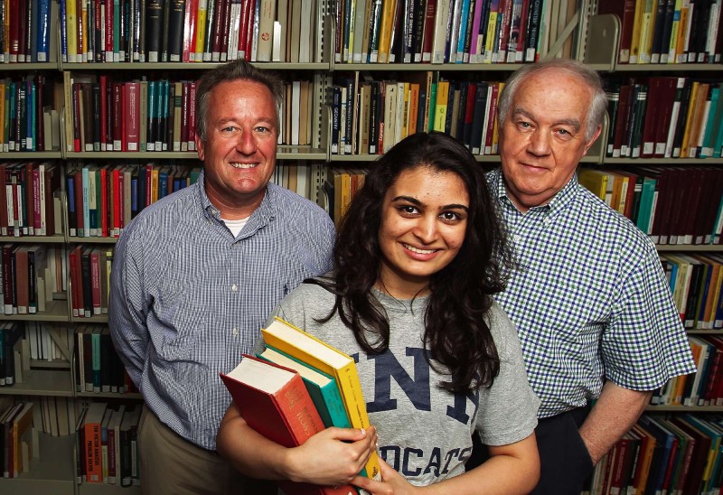 Sachi Nagada, UNH Class of 2015 chemical engineering, with Matt Pierson (L) and Fred Kocher (R) of the New Hampshire High Technology Council in Kingsbury Hall at UNH in Durham, NH. Photo by Cheryl Senter