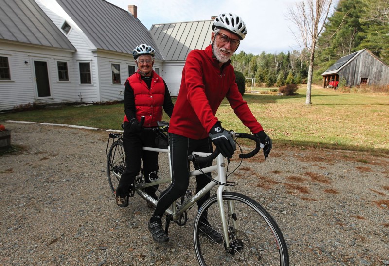 Sue and Brad Wyman on their tandem bike that has traveled with them from San Francisco to Santiago, Chile. Photo by Cheryl Senter.