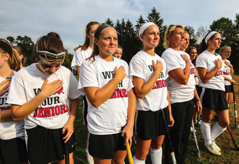 The Concord High School varsity field hockey team prepares to take on Pinkerton Academy at Rollins Park in Concord, NH. Photo by Cheryl Senter.