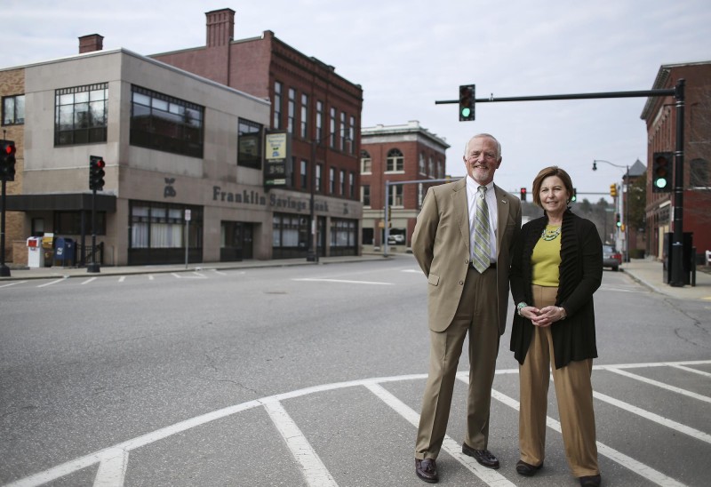Franklin Savings Bank CEO Jeffery Savage and Director and Fund Committee Chair Meg Miller on Central Street in Franklin. Photo by Cheryl Senter.