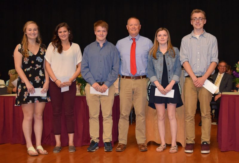 2017 Bill and Esther Levy Scholarship Fund recipients, left to right: Cassidy Daigle, Gianna Jones, Michael Welch, Dennis Morgan, president of the Pequawket Foundation, Emma Hurteau and Thomas Bergen. (Courtesy photo.)