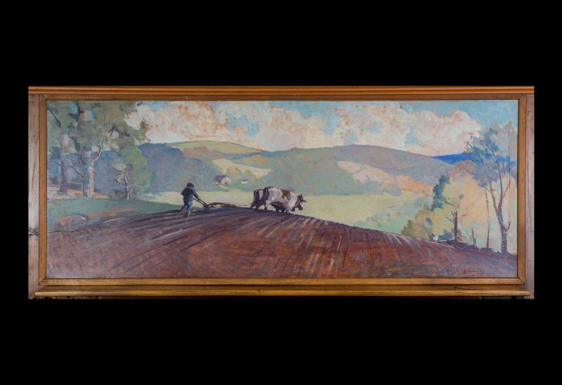 Two Oxen in the Field,” wall mural by Albert D. Quigley, which appears in the book Albert Duvall Quigley, 1891-1961, Artist, Musician, Framemaker. (Photo Courtesy of Historical Society of Cheshire County.)