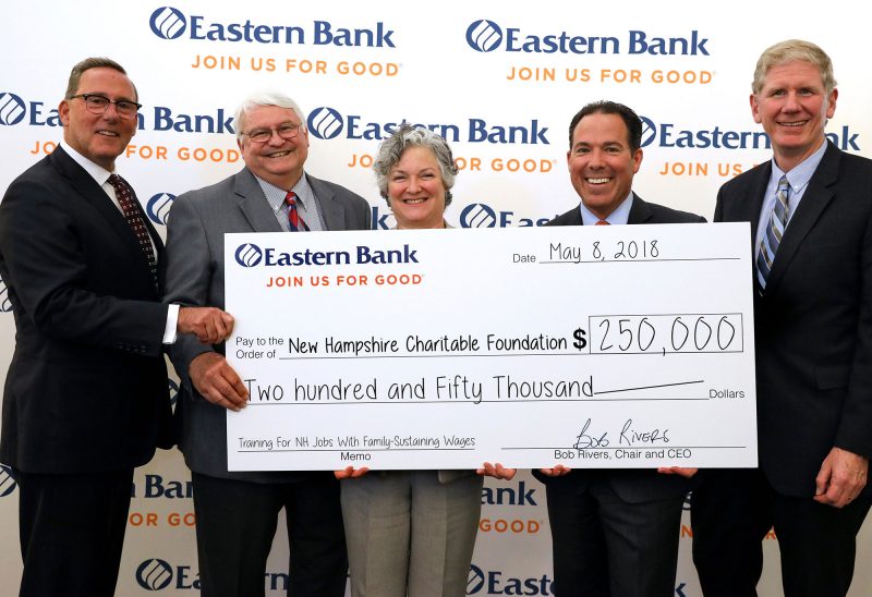 (Left to right) Joseph Reilly, former NH regional president, Eastern Bank; Paul Spiess, board of directors, Eastern Bank; Katie Merrow, vice president of Community Impact, New Hampshire Charitable Foundation; Bob Rivers, Chair and CEO, Eastern Bank; and Dick Ober, president and CEO, New Hampshire Charitable Foundation. (Photo by Cheryl Senter.)
