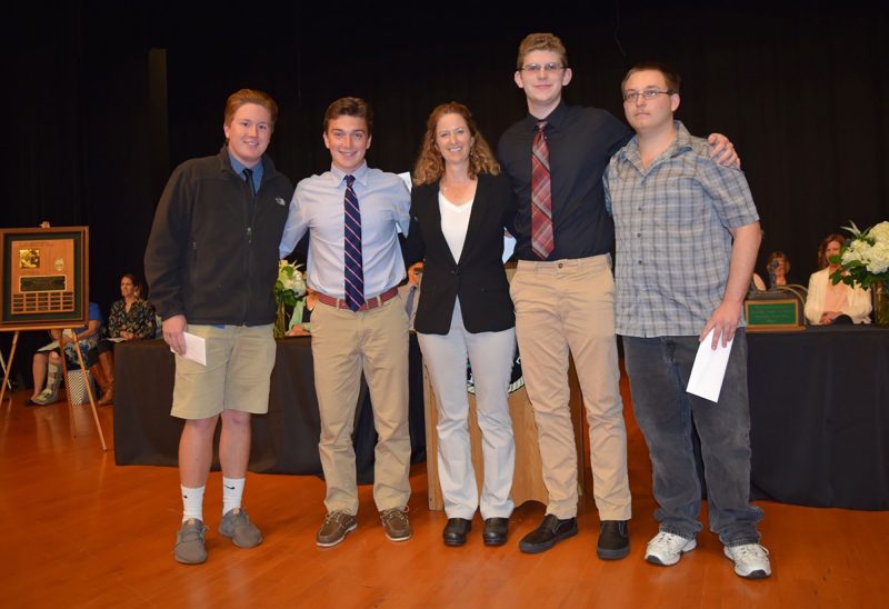 2018 Bill and Esther Levy Scholarship Fund recipients, left to right: Zackary Phaneuf, Wilder Byrne, Christine Thompson (President of Pequawket Foundation), Cody Roberts and Michael Beaudoin. (Courtesy photo.)