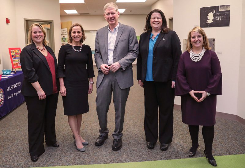 Pictured (left to right): Lara Quiroga, Director of Strategic Initiatives for Children, Manchester Community Health Center; Manchester Mayor Joyce Craig; Richard Ober, President and CEO, New Hampshire Charitable Foundation; Kris McCracken, CEO and President, Manchester Community Health Center; and Christina Lachance, Director of Early Childhood and Family Initiatives. (Photo by Cheryl Senter.)