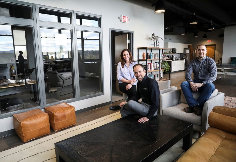 Some of the members of Mainstay Technologies’ ‘charity team,’ who decide what kind of work to support through the company’s donor-advised fund at the New Hampshire Charitable Foundation. From left, they are: Erin Mealey, Ryan Barton and Eric Shanley. (Photo by Cheryl Senter.)