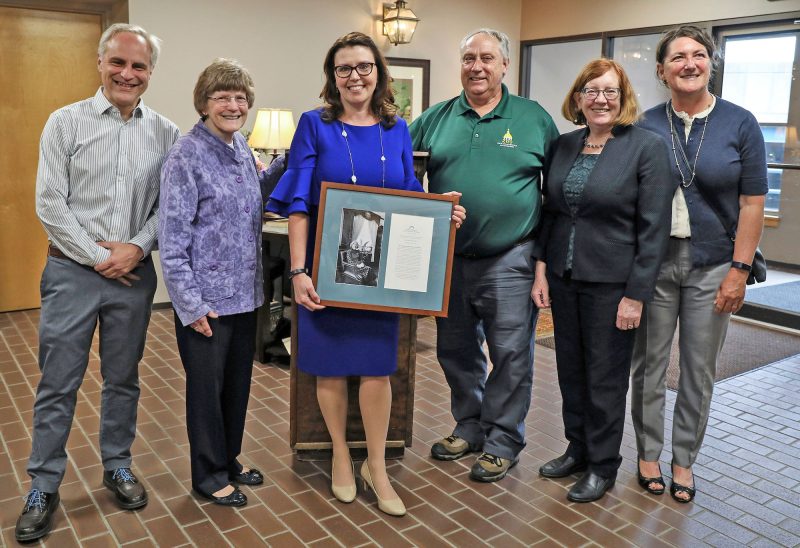 Left to right: Jason Hoch; Tricia Lucas; Elizabeth Dragon, city manager of Keene; Terry Pfaff, chief of staff, New Hampshire House of Representatives; New Hampshire State Representative Mary Beth Walz; Marilee Nihan. (Photo by Cheryl Senter.)