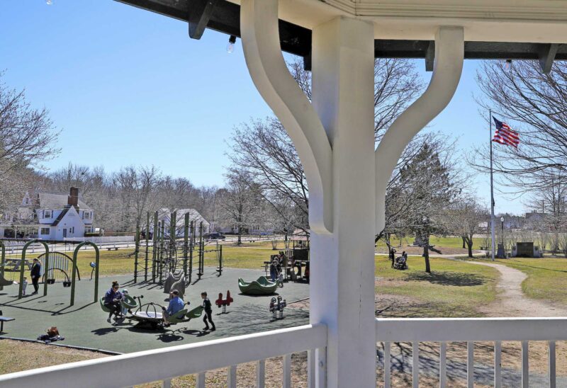 Families enjoy a warm spring day at Rochester Common. (Photo by Cheryl Senter.)