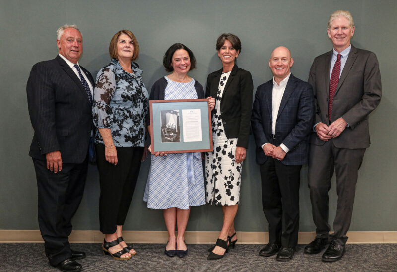 Mary Ann Dempsey, General Counsel, New Hampshire Judicial Branch (center) pictured with former Caroline and Martin Gross Fellows and Foundation president (left to right): Terry Pfaff, Catherine Provencher, Tina Nadeau, Todd Selig and Richard Ober. (Photo by Cheryl Senter.)