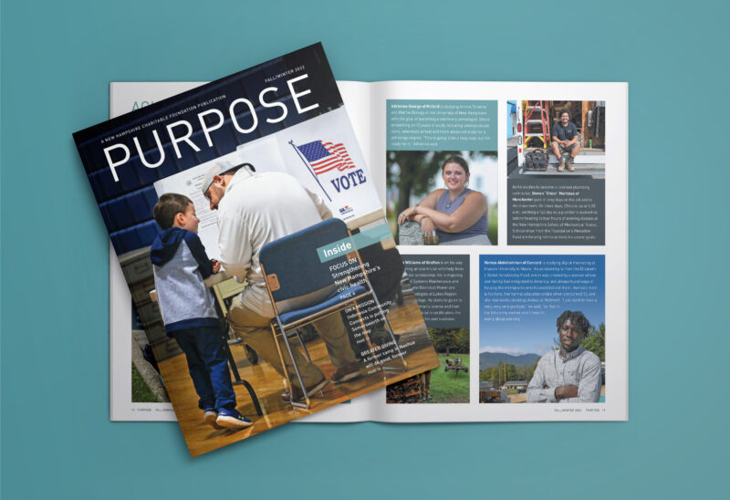 Spread of the cover and inside spread of the 2022 Fall/Winter Purpose newsletter.