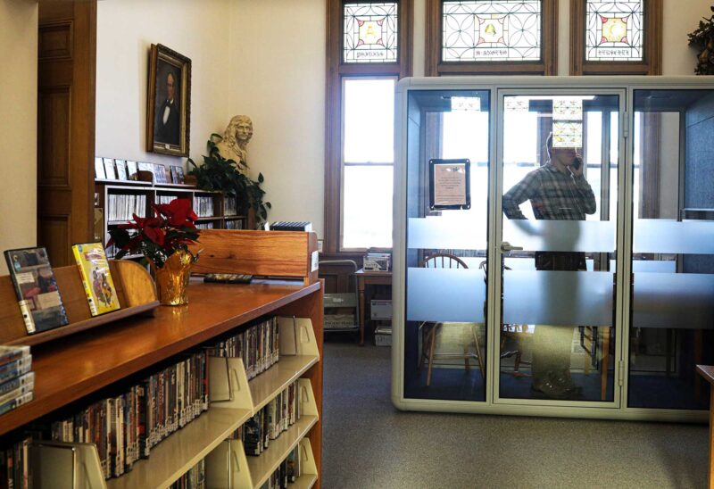 A grant from the Library Technology program helped the Conway Public Library to buy and install a privacy pod. (Photo by Cheryl Senter.)