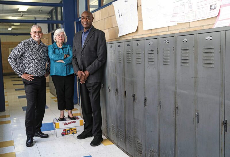 (left to right) New Hampshire Center for Justice & Equity President and CEO Anthony Poore with Board Member Susan Huard and Board Chair Dwight Davis at West High School in Manchester. (Photo by Cheryl Senter.)